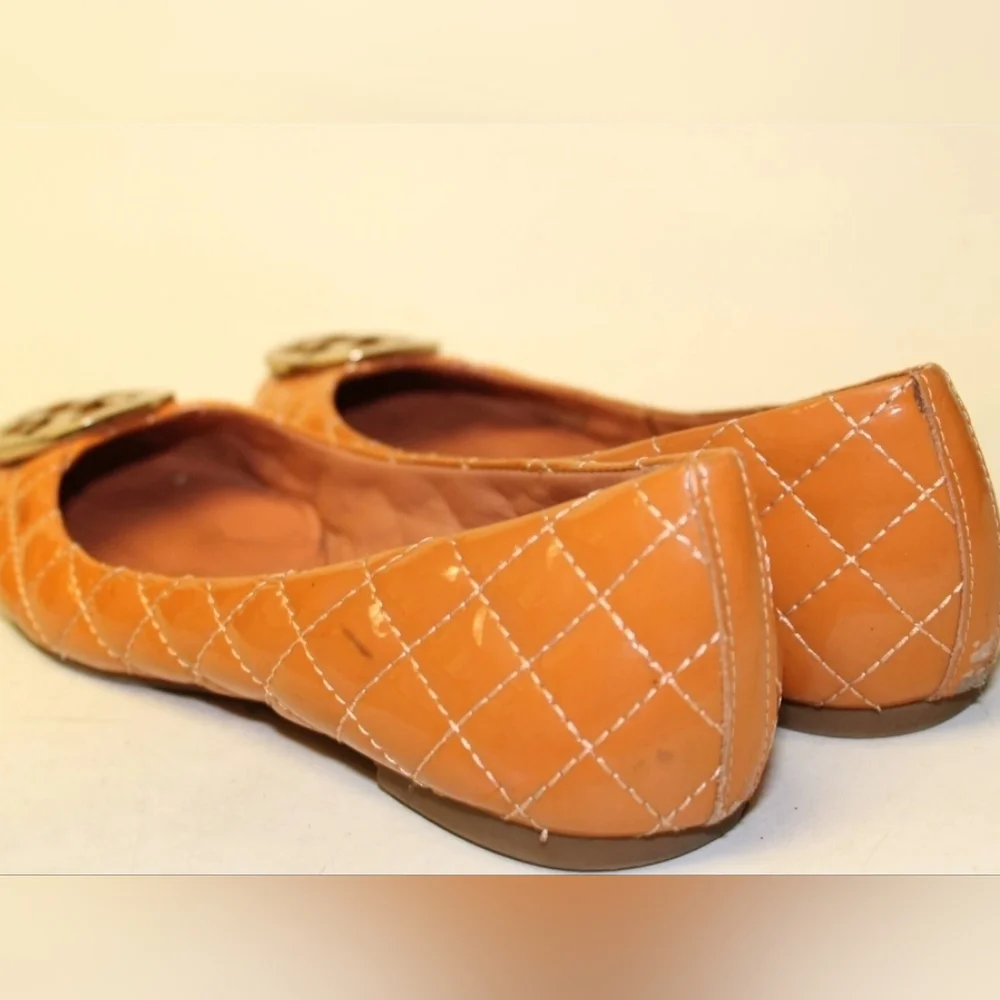 Tory Burch Reva Quilted Patent Leather Ballet Flats Orange Camel Brown Vachetta